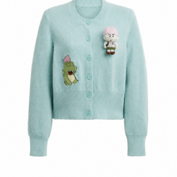 Light Blue Button-Up Cardigan with Doll and Creature Appliqués