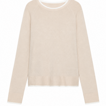 Light Beige Raglan Crew Neck Knit Sweater with White Trim