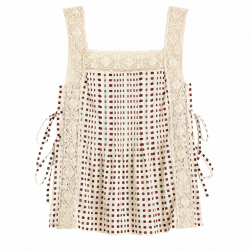 Cream Crochet-Lace Sleeveless Top with Maroon Checkered Pattern