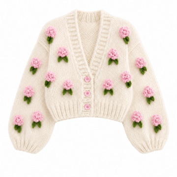 Cream Cropped Cardigan with 3D Pink Floral Appliqués and Balloon Sleeves