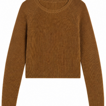 Brown Rib-Knit Cropped Crewneck Sweater