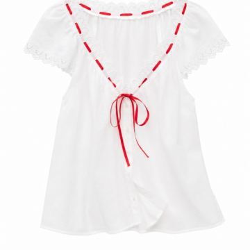 White Off-the-Shoulder Lace Blouse with Red Ribbon