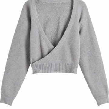 Heather Grey Cropped Wrap Sweater with Plunging V-Neck and Drop Shoulders
