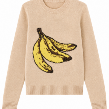 Beige Crew Neck Knit Sweater with Banana Intarsia Graphic