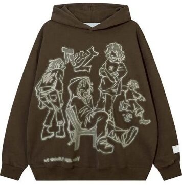 Dark Brown Oversized Hoodie with Light Green Line-Art Graphic