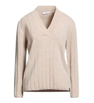 Beige Ribbed Knit V-Neck Sweater